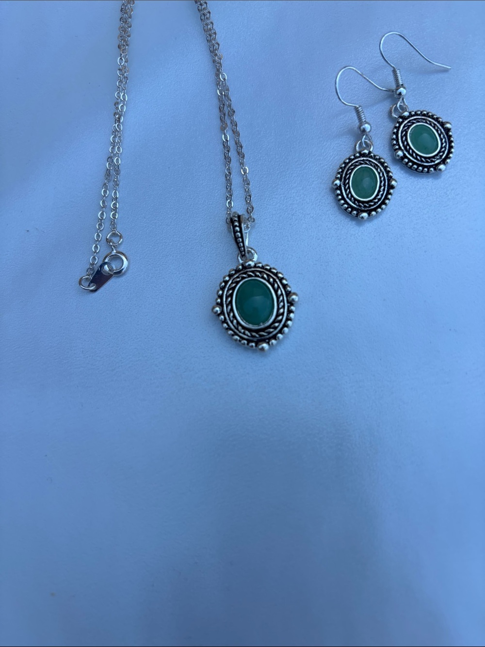 Silver-Tone Necklace & Earring Set with Green Stone — Women Jewelry